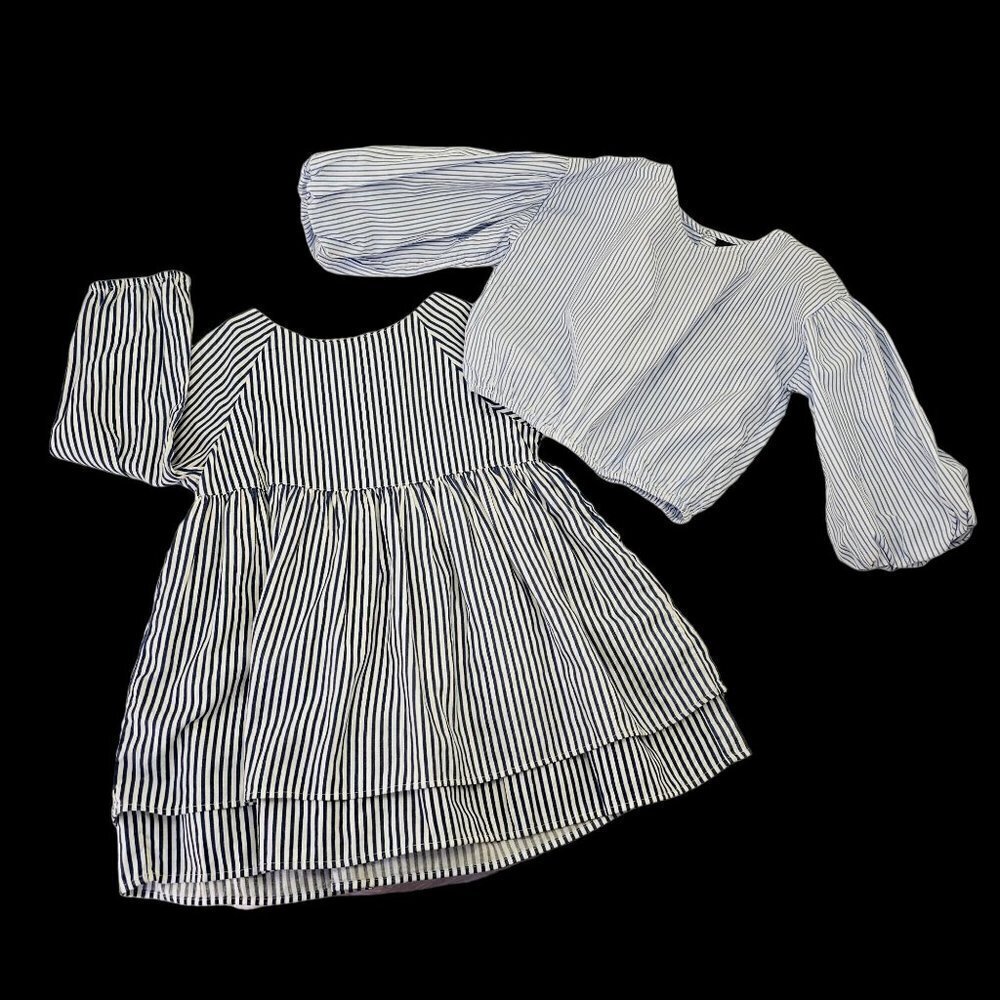 2 Pc Striped Tucker Tate Dress + Something Navy Blouson Top Baby Girl 24 Mo